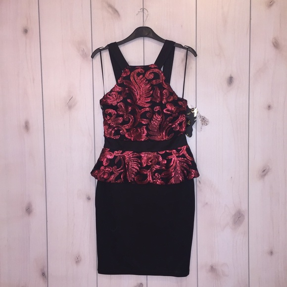 Wine Sequin Peplum Dress - Picture 4 of 8